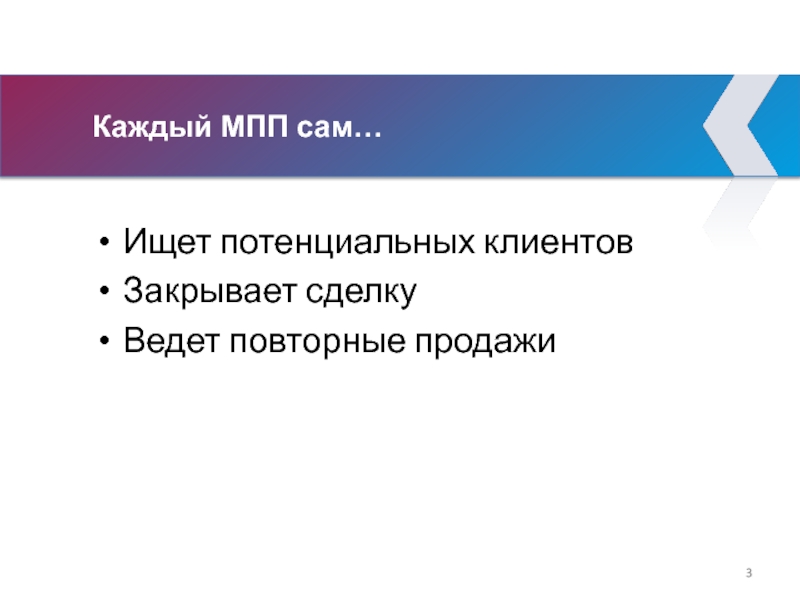 Каждый МПП сам… Ищет потенциальных клиентов Закрывает сделку Ведет повторные продажи