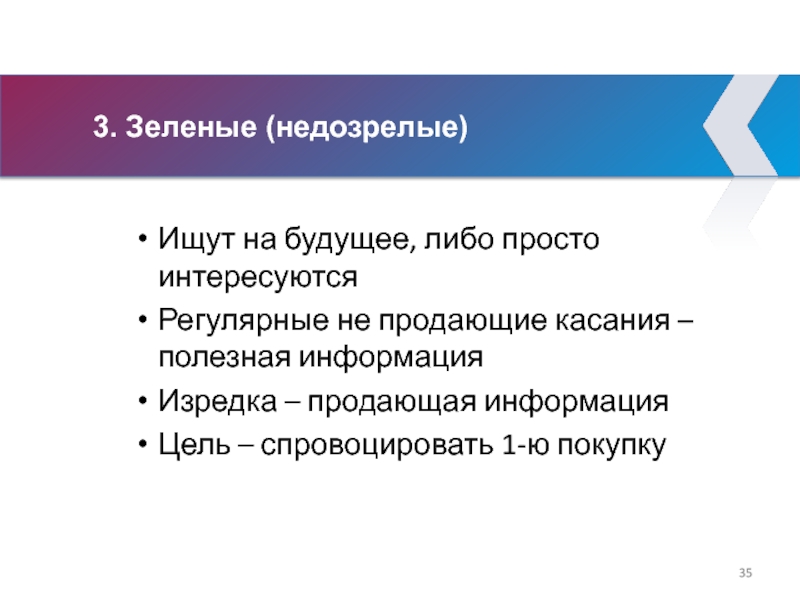 3. Зеленые (недозрелые) Ищут на будущее, либо просто интересуются Регулярные не продающие