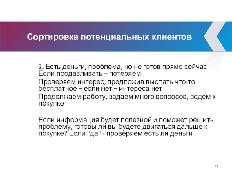 Сортировка потенциальных клиентов 2. Есть деньги, проблема, но не готов прямо сейчас