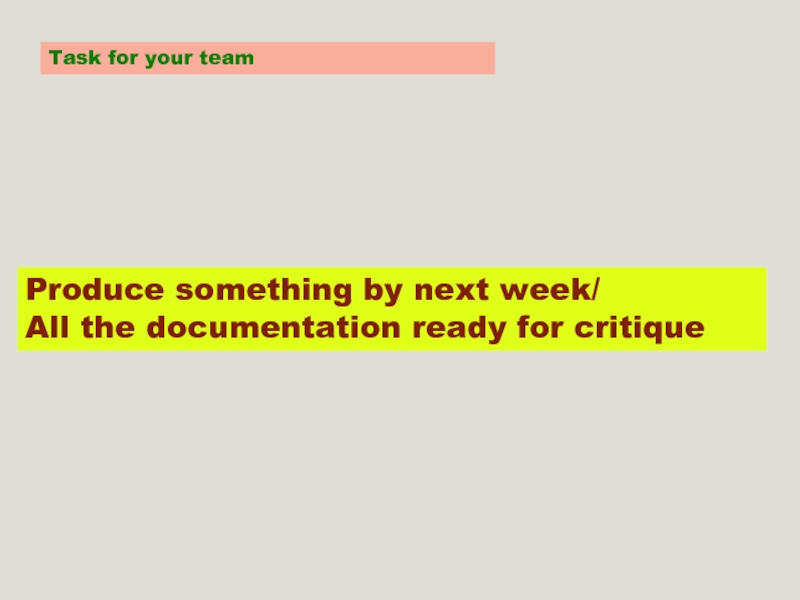 Task for your teamProduce something by next week/All the documentation ready for critique