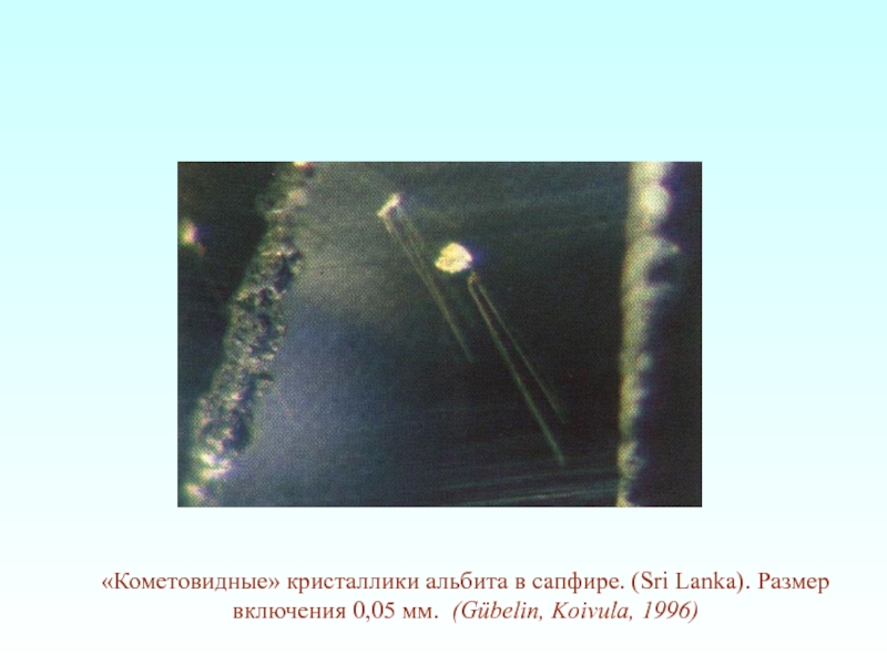 «Кометовидные» кристаллики альбита в сапфире. (Sri Lanka). Размер включения 0,05 мм. (Gübelin, Koivula, 1996)