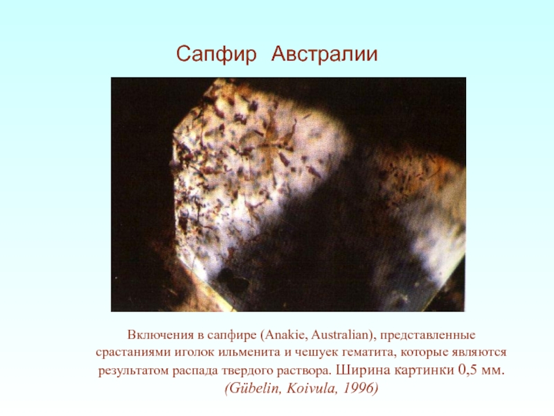 Включения в сапфире (Anakie, Australian), представленные срастаниями иголок ильменита и чешуек