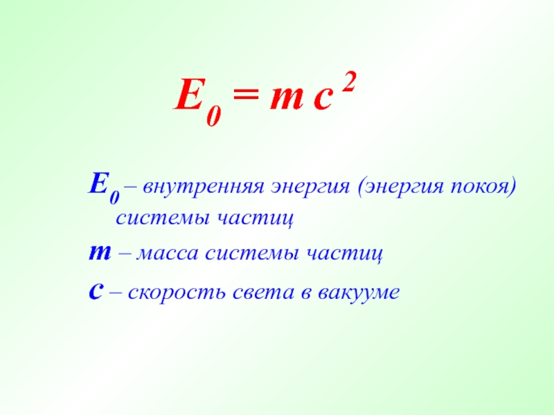 E0 = m c 2 E0 – внутренняя энергия (энергия покоя) 	системы
