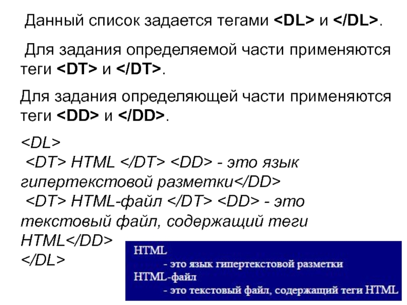 Данный список задается тегами и . Для задания определяемой части применяются теги и .