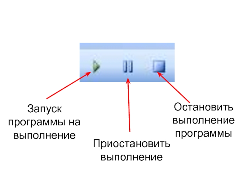 Запуск программы на выполнение. Приостановка выполнения программы. Запуск программы на выполнение клавиши. Кнопка приостанов программы.
