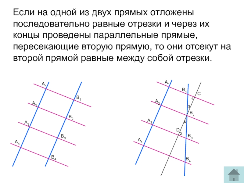 Отложите б а равный в. 2 Прямые пересекающие между собой. Отрезки между параллельными прямыми равны. Если на двух прямых отложить последовательно несколько равных. На прямой последовательно откладываются.