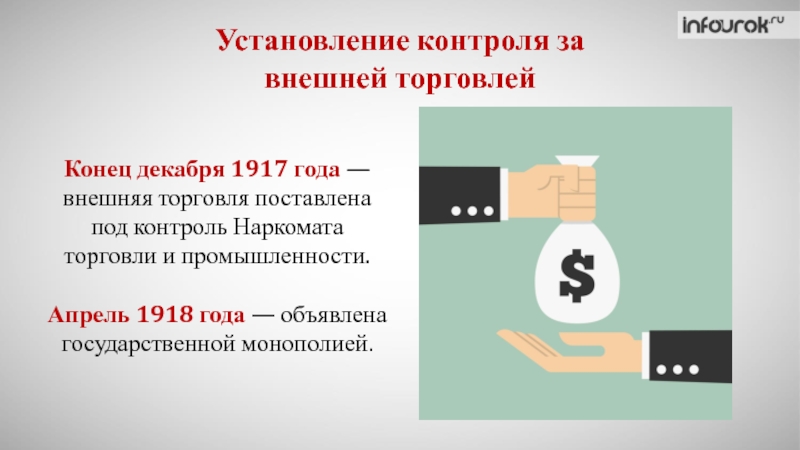 Государственная монополия внешней торговли. Контроль над внешней торговли это. Установления государственной монополии 1917. Государственная внешнеторговая Монополия 1918 год. Монополия внешней торговли 1918.