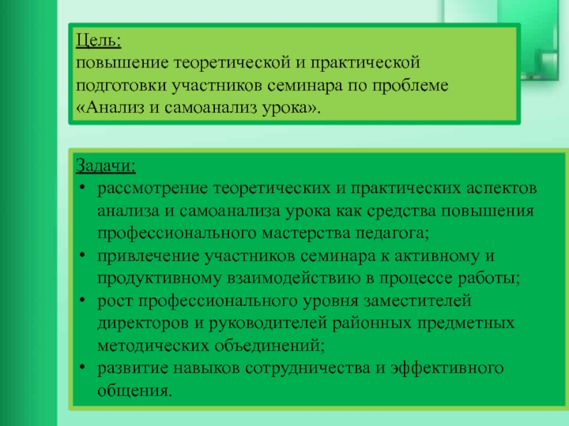 Самоанализ мероприятия. Анализ и самоанализ. Теоретической и практической подготовки. Урок семинар цель. Урок практического обучения цели.