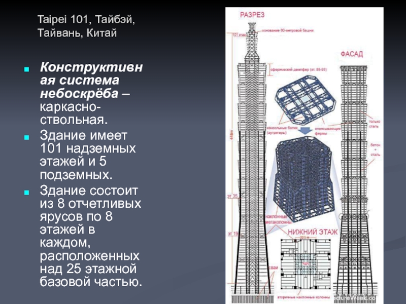 Конструктивная система небоскрёба – каркасно-ствольная. Здание имеет 101 надземных этажей и 5 подземных.  Здание состоит из