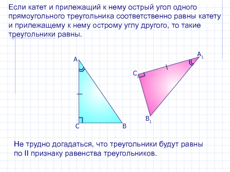 Прямоугольный треугольники изображенные на рисунке будут равны по 2 катетам по катету и прилежащему