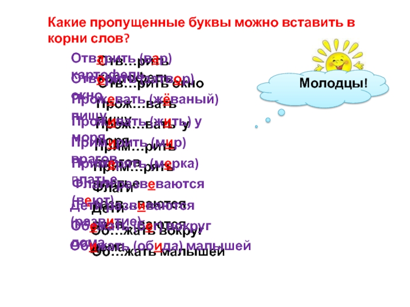 Пропуская какой вид. Интересные слова которые можно вставлять. Жеваный корень слова. Вставьте пропущенные буквы. Прим…рять платье. Корень слова разв.