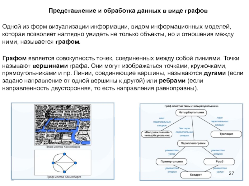 Информационные модели объекты и их связи. Визуализация информационных моделей. Виды представления графов. Визуализации данных в виде графа. Информационная модель обработки данных.