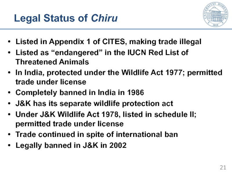 Legal Status of Chiru Listed in Appendix 1 of CITES, making trade