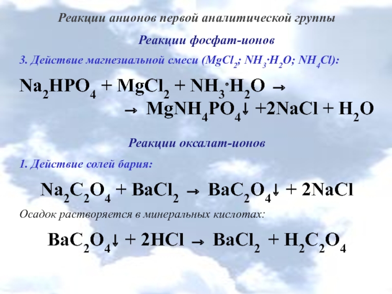 Nh4cl h2o реакция. Mgcl2 nh4cl. Качественные реакции на анионы 2 аналитической группы.
