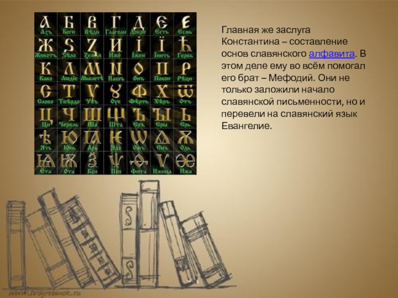Основа славянской азбуки. Первоучители добра вероучители народа.