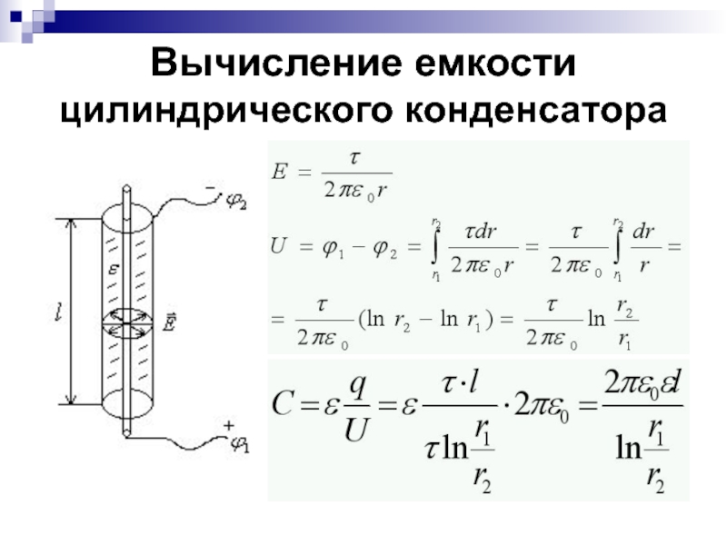 Емкость максимальная формула. Потенциал цилиндрического конденсатора. Электроемкость цилиндрического конденсатора формула. Вычисление электроемкости цилиндрического конденсатора. Емкость цилиндрического конденсатора формула.