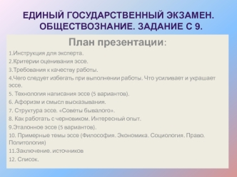 План презентации:
1.Инструкция для эксперта.
2.Критерии оценивания эссе.
3.Требования к качеству работы.
4.Чего следует избегать при выполнении работы. Что усиливает и украшает эссе.
5. Технология написания эссе (5 вариантов).
6. Афоризм и смысл высказыва