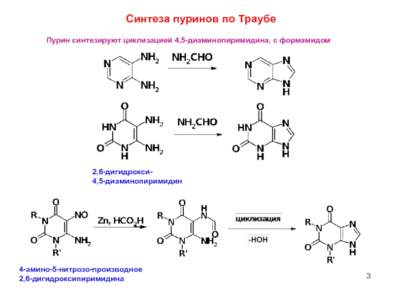 Третий синтез. 4,5-Диаминопиримидин. 4,6, Тригидроксипиримидин. Производные Пурина биологическая роль. Производные Пурина препараты.
