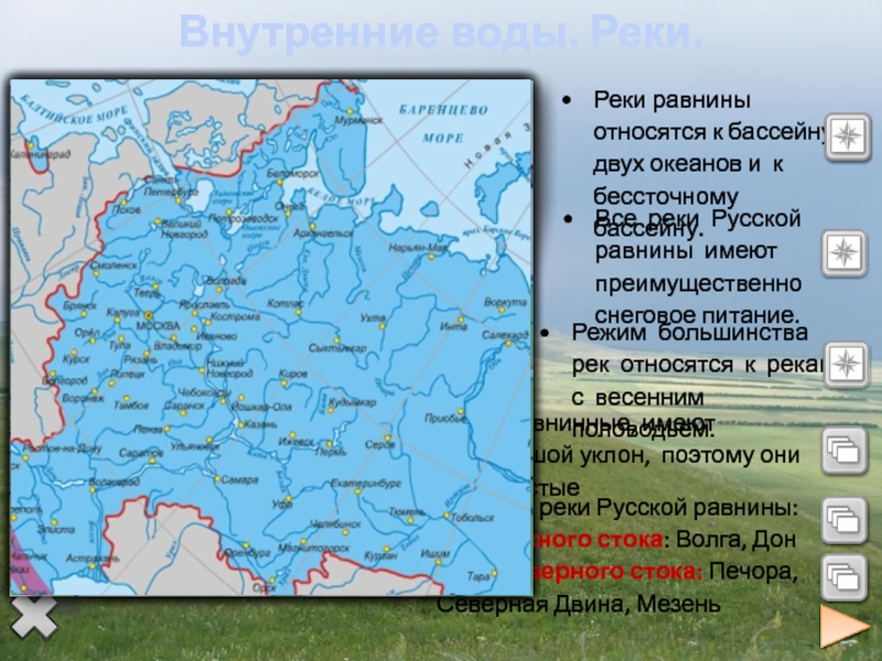 Какая равнина имеет уклон к северу. Реки русской равнины. Внутренние воды русской равнины. Восточно-европейская равнина на карте. Крупнейшие реки русской равнины.