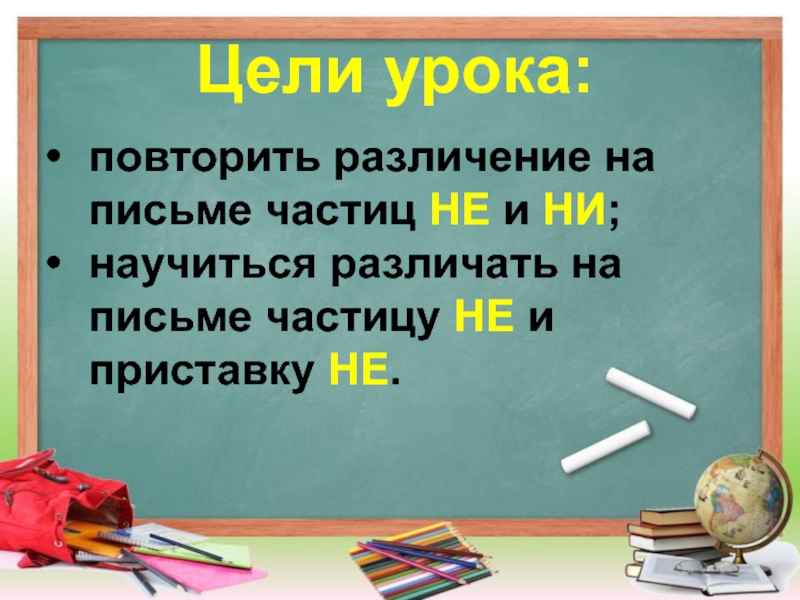 Цели урока: повторить различение на письме частиц НЕ и НИ; научиться