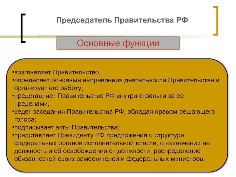 Представление председателя правительства. Направления деятельности правительства. Председатель правительства определяет основные направления. Председатель правительства РФ обладает правом эксофицио. Основные направления деятельности правительства РФ.