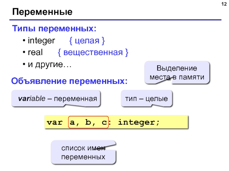 Int целое. Переменная и типы переменных. Тип переменных integer это. Переменная типа integer. Тип переменных Реал это.