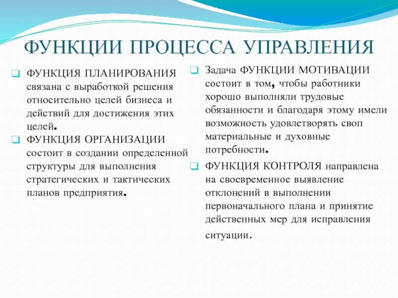 ФУНКЦИИ ПРОЦЕССА УПРАВЛЕНИЯ ФУНКЦИЯ ПЛАНИРОВАНИЯ связана с выработкой решения относительно целей бизнеса