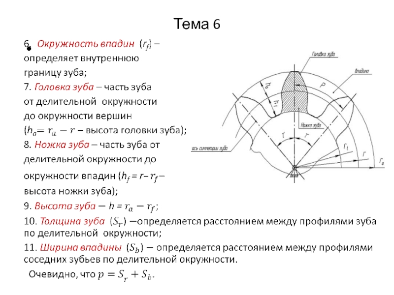 Толщина зуба. Толщина зуба по окружности вершин. Высота головки зуба. Окружная толщина зуба по делительной окружности.