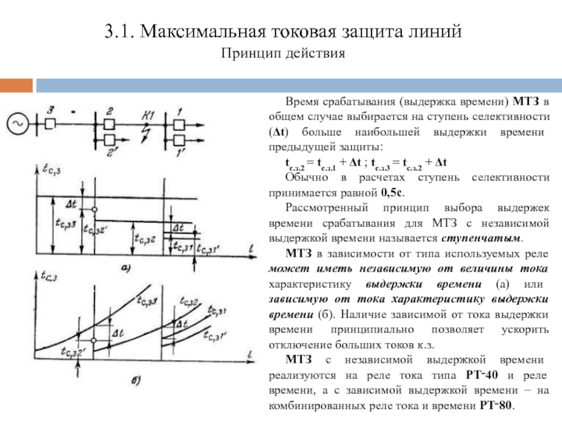 Принцип действия защит. Ступень селективности для микропроцессорных защит. МТЗ С ограниченно-зависимой от тока выдержкой времени. МТЗ С независимой от тока выдержкой времени. МТЗ С зависимой характеристикой времени срабатывания.