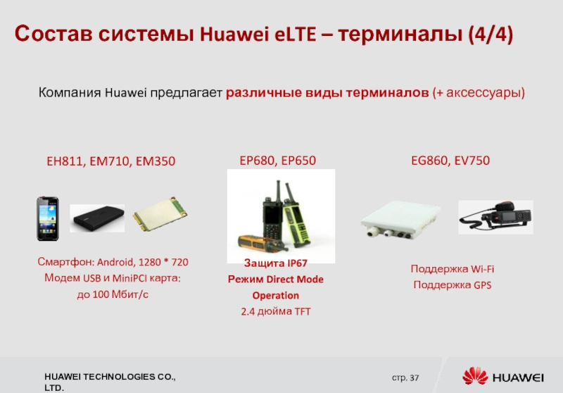 Состав системы Huawei eLTE – терминалы (4/4) Компания Huawei предлагает различные