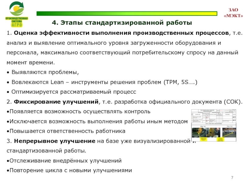 4. Этапы стандартизированной работы 1. Оценка эффективности выполнения производственных процессов, т.е. анализ