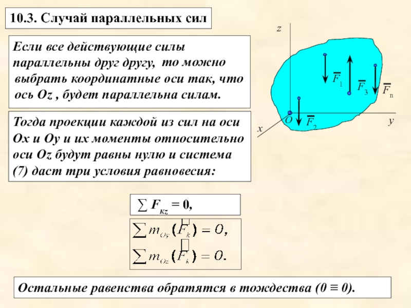 Силы действующие на ось. Случай параллельных сил. Пространственная система параллельных сил. Случай пространственной системы параллельных сил. Равновесие плоской системы сил. Случай параллельных сил.