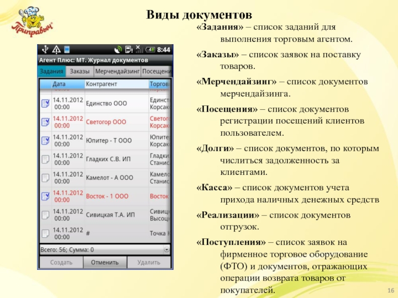 Виды документов «Задания» – список заданий для выполнения торговым агентом. «Заказы» –