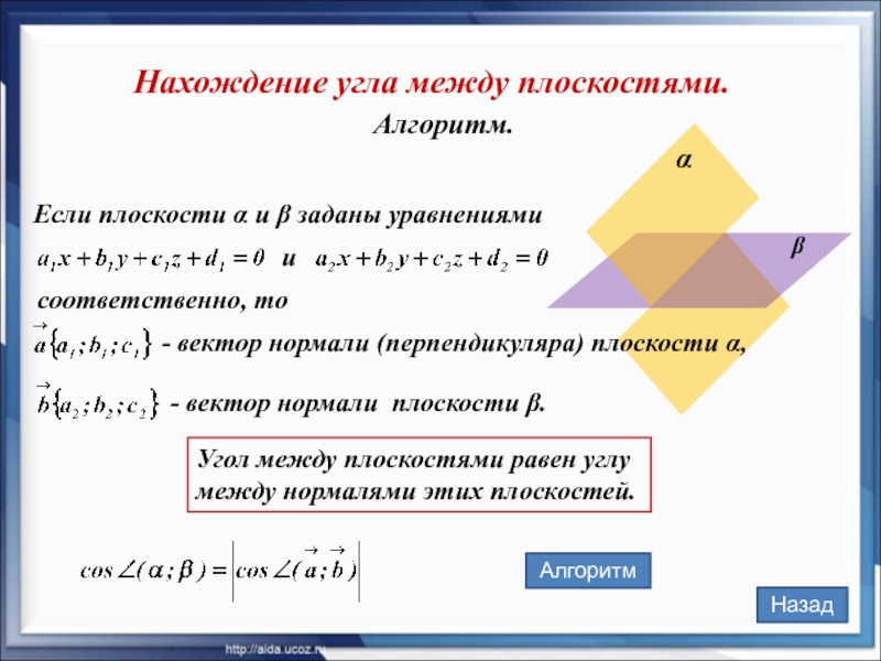 Алгоритм. Нахождение угла между плоскостями. Назад Если плоскости α и β