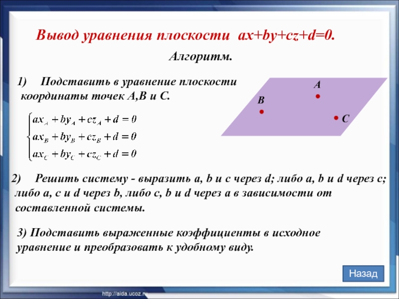 Алгоритм. Вывод уравнения плоскости ax+by+cz+d=0. Назад    А В