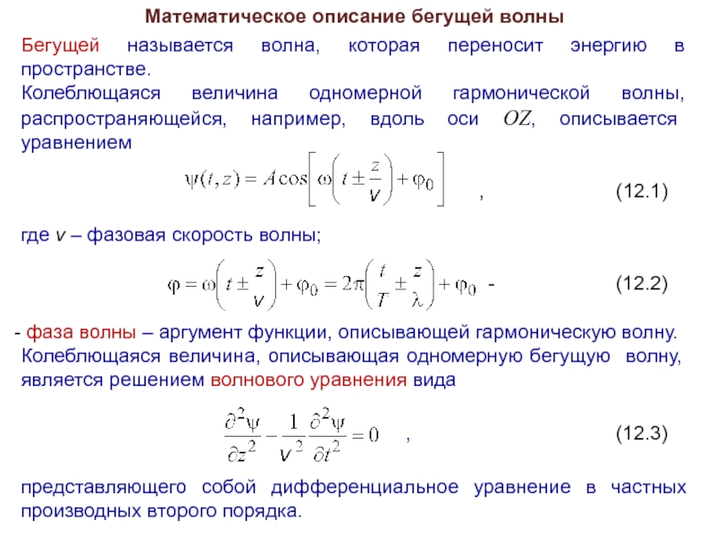 Уравнение плоской бегущей волны. Волновое уравнение. Плоская гармоническая волна.. Фазовая скорость плоской волны. Математическое описание волны. Уравнение плоской бегущей гармонической волны.