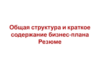 Общая структура и краткое содержание бизнес-плана. Резюме