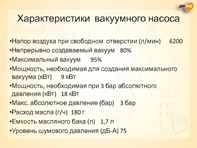 Характеристики вакуумного насоса    Напор воздуха при свободном отверстии (л/мин)	6200