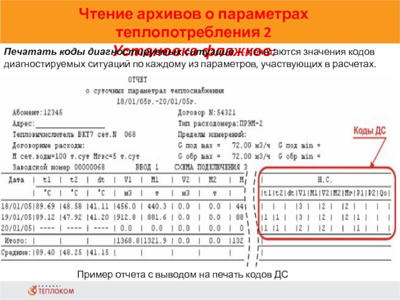 Чтение архивов о параметрах теплопотребления 2Установка флажков:                            Печатать коды диагностируемых ситуаций — печатаются