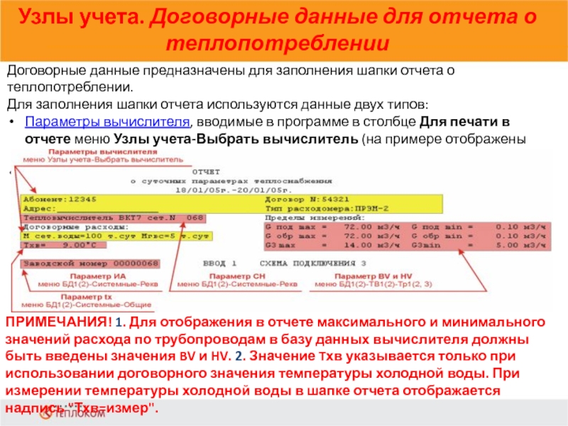 Узлы учета. Договорные данные для отчета о теплопотреблении                            Договорные данные предназначены для заполнения