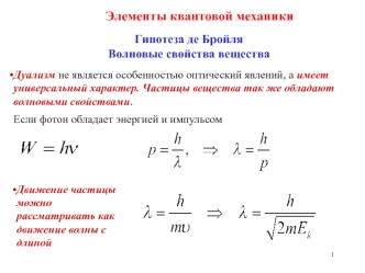 Элементы квантовой механики. Гипотеза де Бройля. Волновые свойства вещества