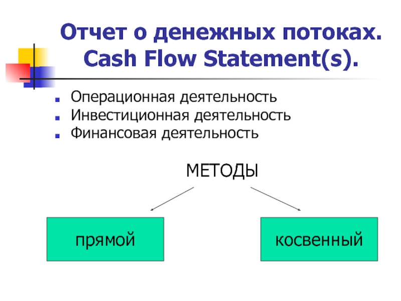 Отчет о денежных потоках. Cash Flow Statement(s). Операционная деятельность Инвестиционная деятельность Финансовая