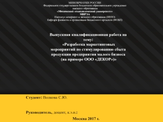 Разработка маркетинговых мероприятий по стимулированию сбыта продукции предприятия малого бизнеса ООО Декор