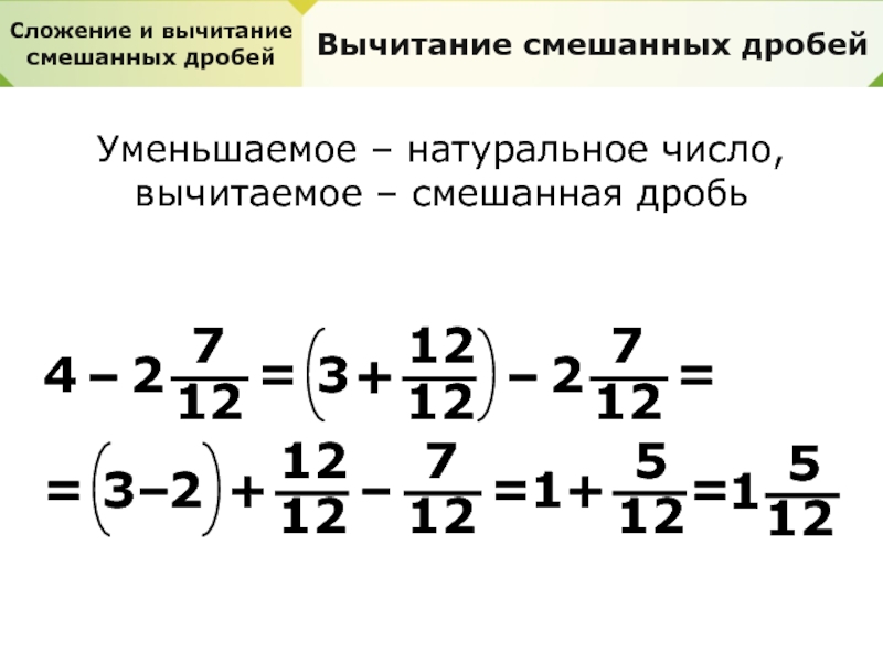 Как вычесть натуральное число из смешанной дроби. Сложение и вычитание смешанных дробей. Вычитание смешанных дробей. Сложение смешанных дробей. Сложение и вычитание дробей смешанных и натурального числа.