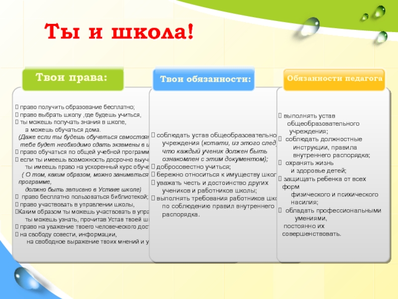 Права и обязанности детей в школе презентация