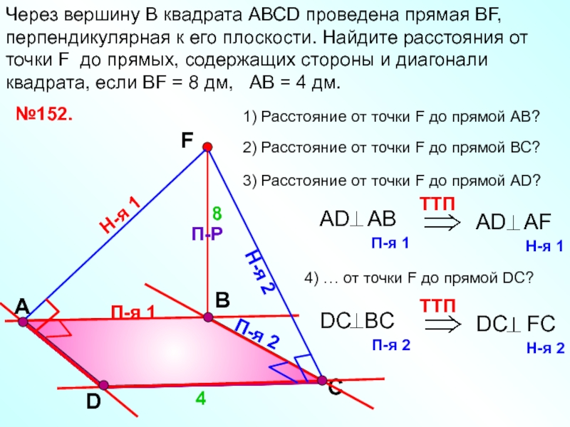 Через вершину а прямоугольного треугольника. Перпендикуляр к плоскости квадрата. Через сторону квадрата проведена плоскость. Через вершину проведена прямая. Перпендикуляр к плоскости прямоугольника.