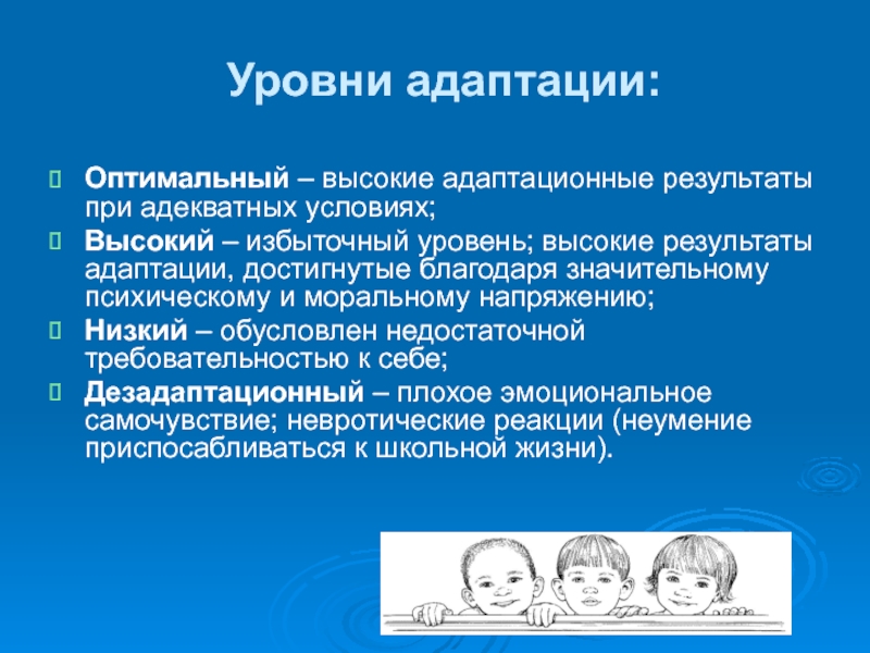 Итоги адаптационного периода. Уровни адаптации. Оптимальный уровень адаптации. Степени адаптации. Степени адаптации в школе.