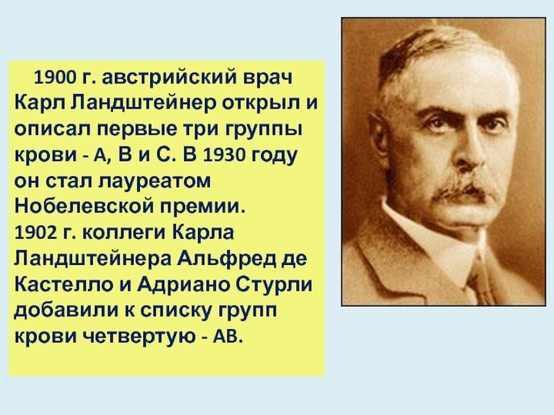 Карл ландштейнер открытие групп крови презентация