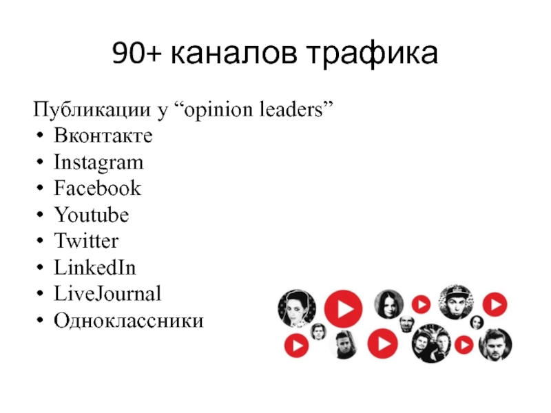 90+ каналов трафикаПубликации у “opinion leaders”ВконтактеInstagramFacebookYoutubeTwitterLinkedInLiveJournalОдноклассники