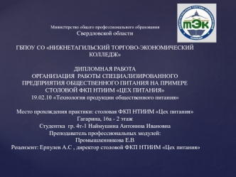 Организация работы специализированного предприятия общественного питания на примере столовой ФКП НТИИМ Цех питания